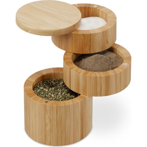 Relaxdays Spice Jar with Lid, 3 Rotating Sections, Natural Bamboo, Salt Container, HxØ: 13 x 9 cm, Magnetic, Natural