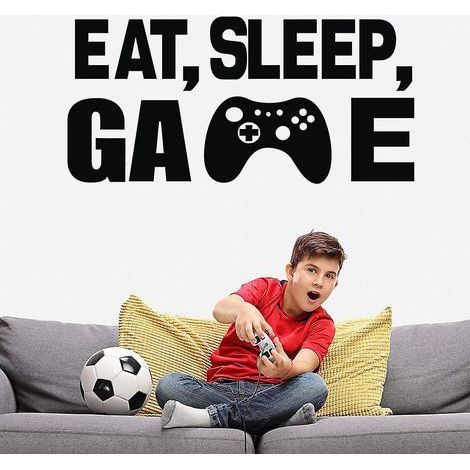 Pegatina de pared "Eat Sleep Game" (Negra, 28 cm de ancho x 69 cm de alto), Vinilo decorativo para pared "Video Game Boy", Pegatinas de vinilo para decoración de paredes con temática de videojuegos (1/3)