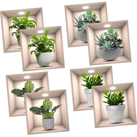 Stickers Muraux Décoratifs Plantes Pvc 30x30cm 4 Pcs Kit Bonsaï Repositionnables Pour Salon Bureau Intérieur, Autocollants Muraux Esthétiques Transparents, 2 Ensembles Polyvalents (1/5)