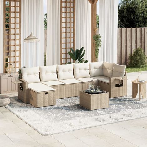 Salon de Jardin 8 Places en Résine Tressée Beige avec Coussins - Ensemble Modulaire avec Table en Verre Trempé pour Terrasse et Jardin (1/4)