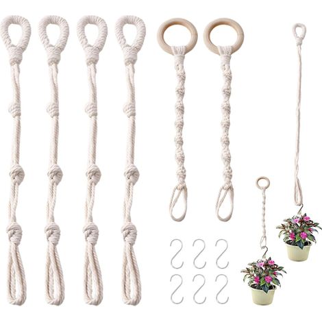 Rallonges de Suspension Plante, 6 Pièces Support de Plantes Macramé, Suspension Pot de Fleurs en Corde de Coton Beige Style Bohème avec Crochets pour Extérieur Jardin et Balcon