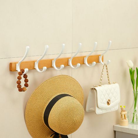 Cintre mural en bois sculpté de style scandinave 6 crochets pour suspendre des vêtements écharpes manteaux chapeaux naturel et blanc (1/3)