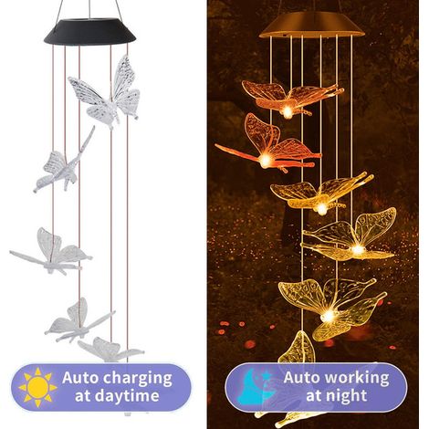 Carillon Éolien Solaire Lumineux Papillon Décoration Jardin Extérieur Étanche Lampe Solaire Suspendue pour Terrasse Cour Patio Cadeau (1/5)