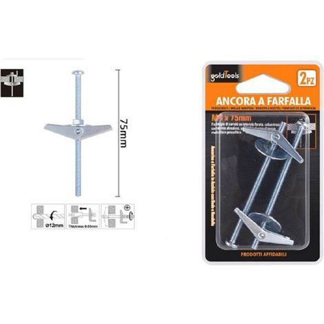 Kaela - Set 2 Pz Ancora A Farfalla In Acciaio Con Dado E Rondella Tassello M4x75mm 57225 - (1/2)