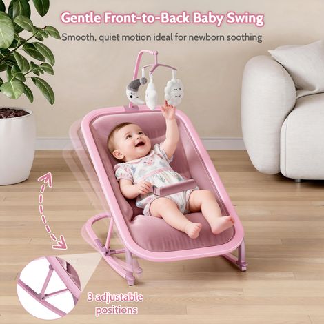 Confort et sécurité pour bébé – Transat balancelle aluminium dossier réglable 3 positions, barre de jeux, housse amovible, pieds antidérapants – 75x66x43cm – Rose, Europe (1/5)
