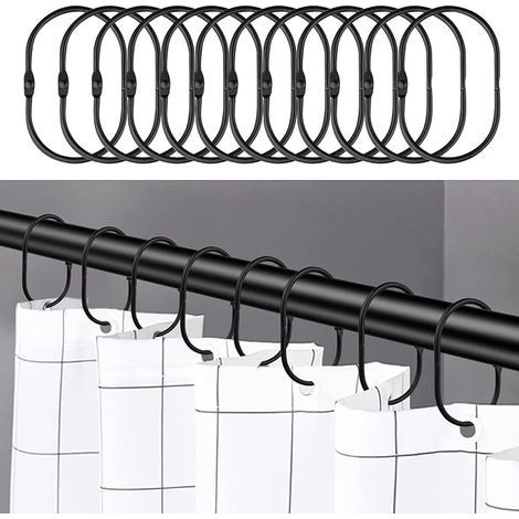 24 pièces Anneaux de Rideau de che, Crochets de Rideau de che antirouille pour Salle de Bain, Ovale Anneaux décoratifs pour Rideaux de che et Crochets de Tringle de che,Noir (1/4)