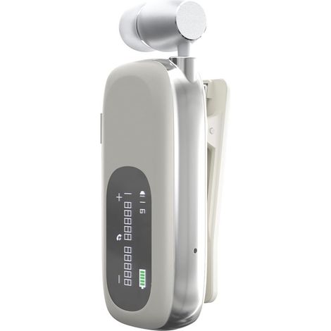 Business-Bluetooth-Headset mit einziehbarem Kabel, drahtlosem Mikrofon und Lavalier-Clip, LCD-Display, Bluetooth 5.4, Verbindung mit 2 Telefonen möglich (Beige)