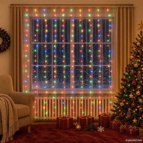 Rideau lumineux LED Décoration Intérieure et Extérieure 8 Modes Multicolore 3x3m 300 LED - PANGIVO (1/5)