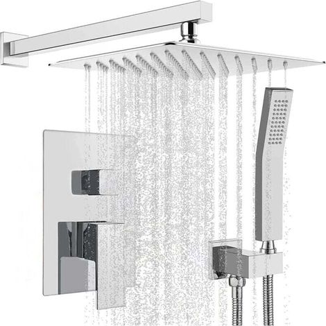Colonne de douche encastrée, Ensemble de Douche Encastré, Douche Encastrable Set Chromé, Kit Douche Encastrable avec Tête de Douche Carrée 25x25cm- Laiton&Acier Inoxydable - Argent.. (1/4)