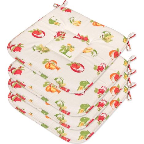 Set 4 Cuscini Sedia Cotone Lettere & Frutta Lavabili Coprisedie Universali Con Lacci Fissaggio