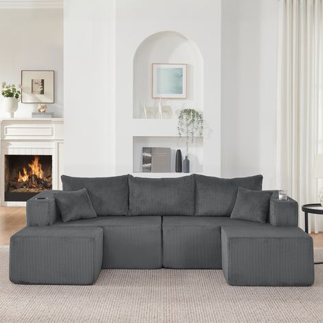 Canapé d’angle modulable 3 places en velours côtelé 230x138x75cm avec 2 poufs mobiles,porte-gobelets,poches latérales,Gris (1/5)