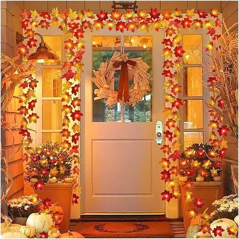 Lot de 4 guirlandes feuilles d'érable, 40 pieds total, 80 LED, alimentation piles. Décoration automnale intérieur/extérieur, idéale pour la maison et Thanksgiving. (1/5)