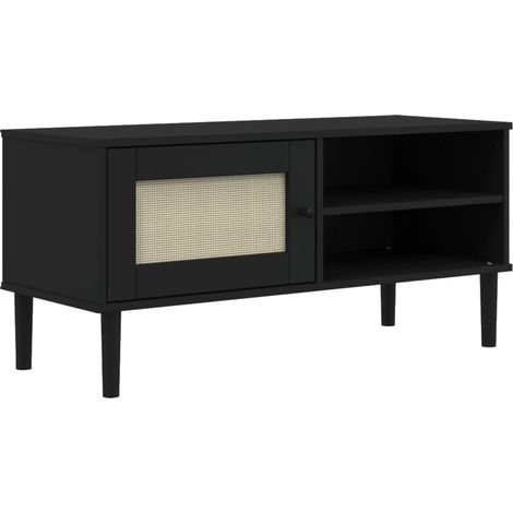 Mueble TV multimedia estantería para televisión buffet para televisión comedor salón dormitorio SENJA aspecto ratán 106 x 40 x 49 cm madera maciza pino negro 020028314 (1/5)
