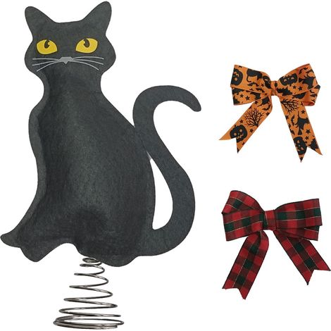 Garniture Pour Sommet D Arbre De Noel - Chat Noir - Base Metallique - Bow Interchangeable Halloween Noel - Hauteur 28 Cm - 1 Unite (1/5)