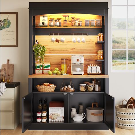 Lot de 2 meubles hauts de cuisine 107x43x184 cm en MDF noir avec LED, gain de place – MEUBLIV (1/5)