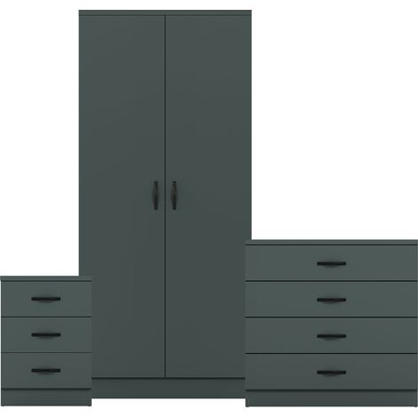 Riano 3 Piece Bedroom Set (3 Drawer Bedside Chest, 4 Drawer Chest, 2 Door Wardrobe), Green (1/3)