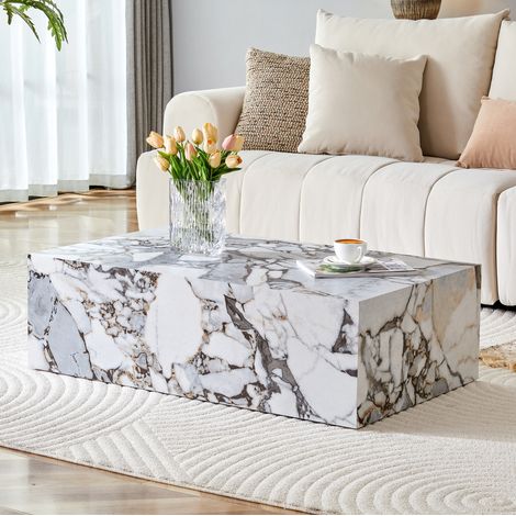 Table basse rectangulaire 90x50x30 cm effet marbre blanc, design minimaliste, MDF, sans montage, usage quotidien (1/5)