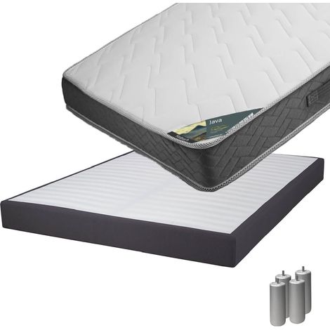 JAVA - Pack Matelas 160x200 + Sommier Tapissier Démontable 2x20 Lattes Anthracites + Pieds Argent 15cm (1/5)
