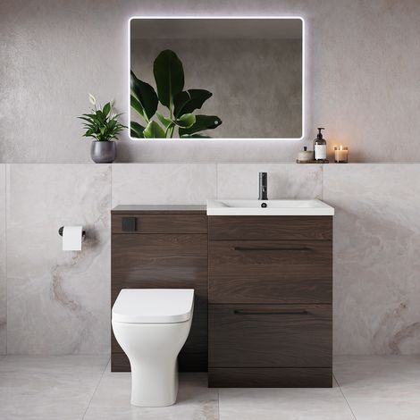 Napoli 460 Brown Oak 1100mm 2 Drawer Vanity Unit Toilet Suite with Glide Basin - 1100mm - Matt Black 320mm HandleWith Kingston Toilet Pan and Seat