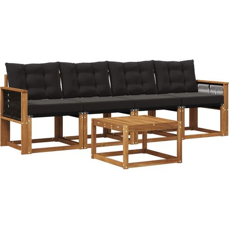 Set di divani da esterno con cuscino 5 pz Salotto da Giardino Naturale e Nero (1/5)