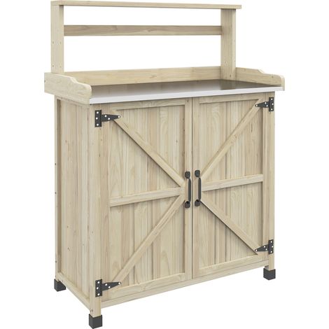 Table de rempotage avec placard, étagères et patins antidérapants, 90,5x41x124,5cm, bois naturel, pour jardinage et rangement. (1/5)
