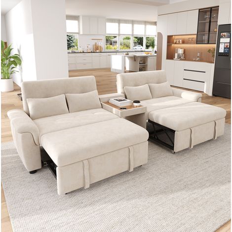 Sofá cama en U extensible con respaldo ajustable, chenilla beige 284 x 138 x 89 cm DESVIAE (1/5)