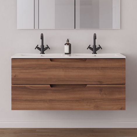 Meuble de salle de bain 120 cm double vasque - 2 tiroirs - sans miroir - noyer (bois foncé) - SONRIZA (1/5)