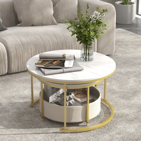 Lot de 2 Tables Basses Rondes Table Cocktail Circulaire de 80 cm & 60 cm avec Panier de Rangement en Tissu & Structure Métallique Blanc (1/3)