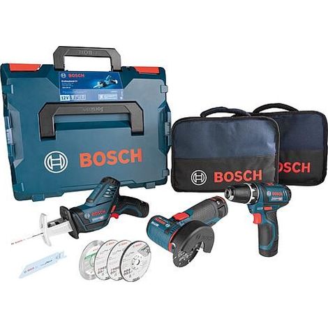 Bosch – Pack de 3 outils électroportatifs 12V – Meuleuse d’angle, scie sabre, perceuse-visseuse – 4 batteries 2.0Ah et chargeur inclus – Mallette de transport