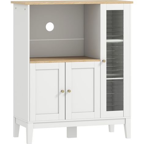 Meuble micro-ondes pour cuisine avec niche, trois portes passe-câbles, 80 x 35 x 97 cm, blanc aspect bois (1/5)
