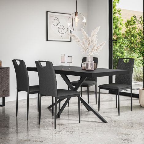 Donni Dining Table And Chairs -  Black Table Top w Black Legs + Monza Linen Dining Chair Set Of 6 (Charcoal) (1/5)