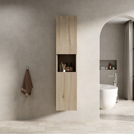 Mueble de baño alto suspendido estilo moderno en contrachapado acabado roble blanco, 2 puertas y hueco abierto, alto 160 cm (1/5)
