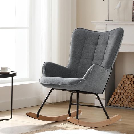 WOLTU Mecedora, cómoda mecedora de franela con reposabrazos y respaldo alto, base de metal y madera maciza, estilo escandinavo, Gris Oscuro (1/5)
