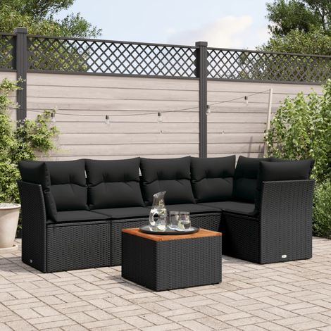 6-tlg. Garten-Sofagarnitur mit Kissen Schwarz Poly Rattan (1/3)