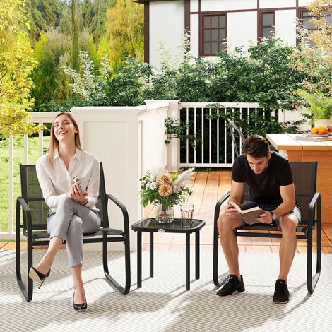 Extérieur Ensemble bistrot de jardin 3 pièces avec 2 chaises en maille et table basse en verre trempé - noir