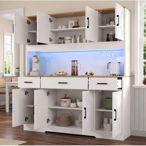 Credenza buffet 150x40x180 cm, ampio spazio, 2 portabicchieri, prese USB e LED, pannello in particelle bianco (1/5)