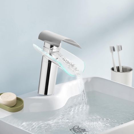 Robinet à trou unique en tuiles, mitigeur en verre pour lavabo salle de bain robinet cascade à commande unique, hauteur 17,5 cm (1/5)