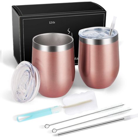 Verres à vin sans pied en acier inoxydable 12 oz, lot de 2, avec couvercles, isolés, incassables, rose doré (1/5)