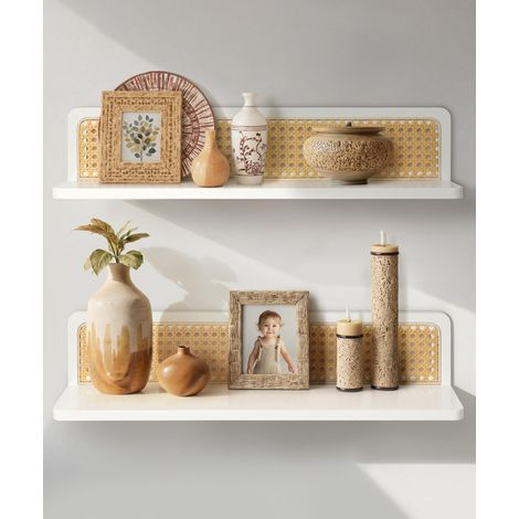 Étagères Murales en Rotin Décoratives, Style Bohème, Lot de 2 Rotin fait main et bois rustique, pour plantes, cadres et déco, salon, chambre et chambre d’enfant, décoration (1/5)