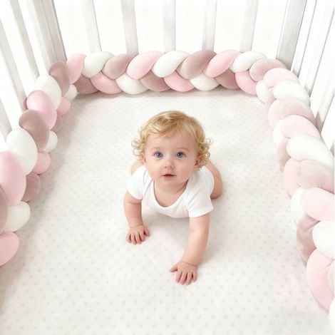 Tour de lit bébé tressé 3 brins, longueur 150 cm, protection douce anti-chocs pour lit et berceau, rose (1/5)