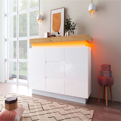 Chest of Drawers,High-gloss Sideboard Cabinet with 2 Doors and 3 Drawers,Storage with RGB LED(App-controlled),Multi-purpose Cabinet for Living Room and Bedroom, 81 x 140 x 39 cm, White