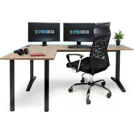 SyberDesk Bureau d'angle de Jeu V2 LED, 197 x 132 cm, Table de Jeu RGB en Forme de L, HUB USB, Gestion des câbles, Bureau d'ordinateur en Forme de L (Gauche, Bois) (1/5)