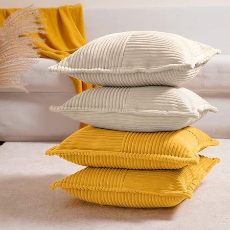 Juego de 4 fundas de cojín cuadradas de pana con diseño de patchwork，verde salvia + amarillo jengibre + marrón + beige，4545 cm (1/5)
