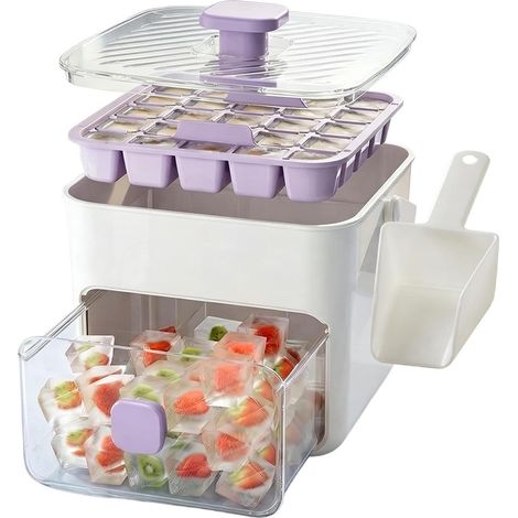 Machine à glaçons avec poignée, bouton-poussoir et boîte de rangement – 25 compartiments, blanc/lilas, avec pelle à glaçons et plateau transparent