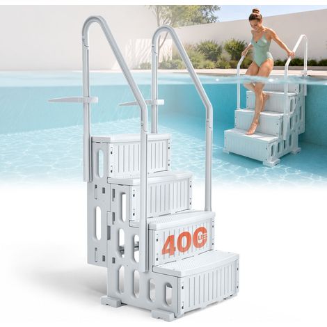 Escalier de Piscine en Plastique avec 2 Rampes, 4 Marches Antidérapantes, Capacité de Charge 181,4 kg, pour Piscines Creusées 122-137 cm, Terrasse, Jardin, Maison, Intérieur, Extérieur, Gris (1/5)