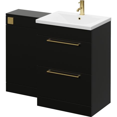 Napoli 460 Matt Black 1100mm 2 Drawer Vanity Unit Toilet Suite with Glide Basin - 1100mm - Brushed Brass 320mm HandleWithout Kingston Toilet Pan