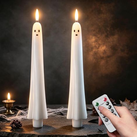 2 Bougies Chandelles Fantôme LED avec Télécommande, Effet Flamme Vacillante, Décoration Halloween Maison (1/5)