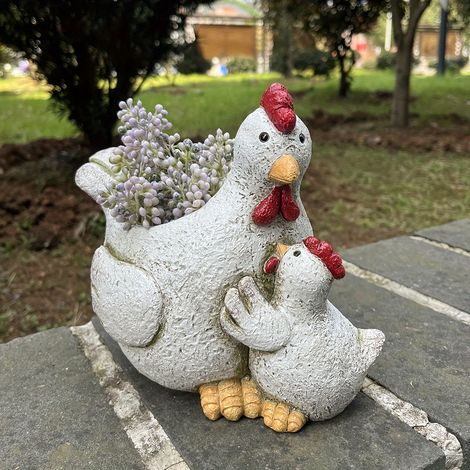 Pot de fleurs décoratif en résine représentant une poule et ses poussins - Décoration d'extérieur et de balcon (1/5)