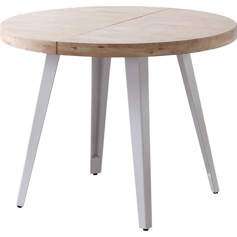 Table à manger, table de repas ronde extensible en bois coloris chêne nordique, pieds en métal coloris blanc  - diamètre 120-200  x hauteur 76 cm (1/4)