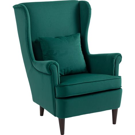 Modern Accent Chair with High Backrest Pillow, Velvet-Feel Fabric Reading Chair with Solid Wood Legs, Green (1/5)